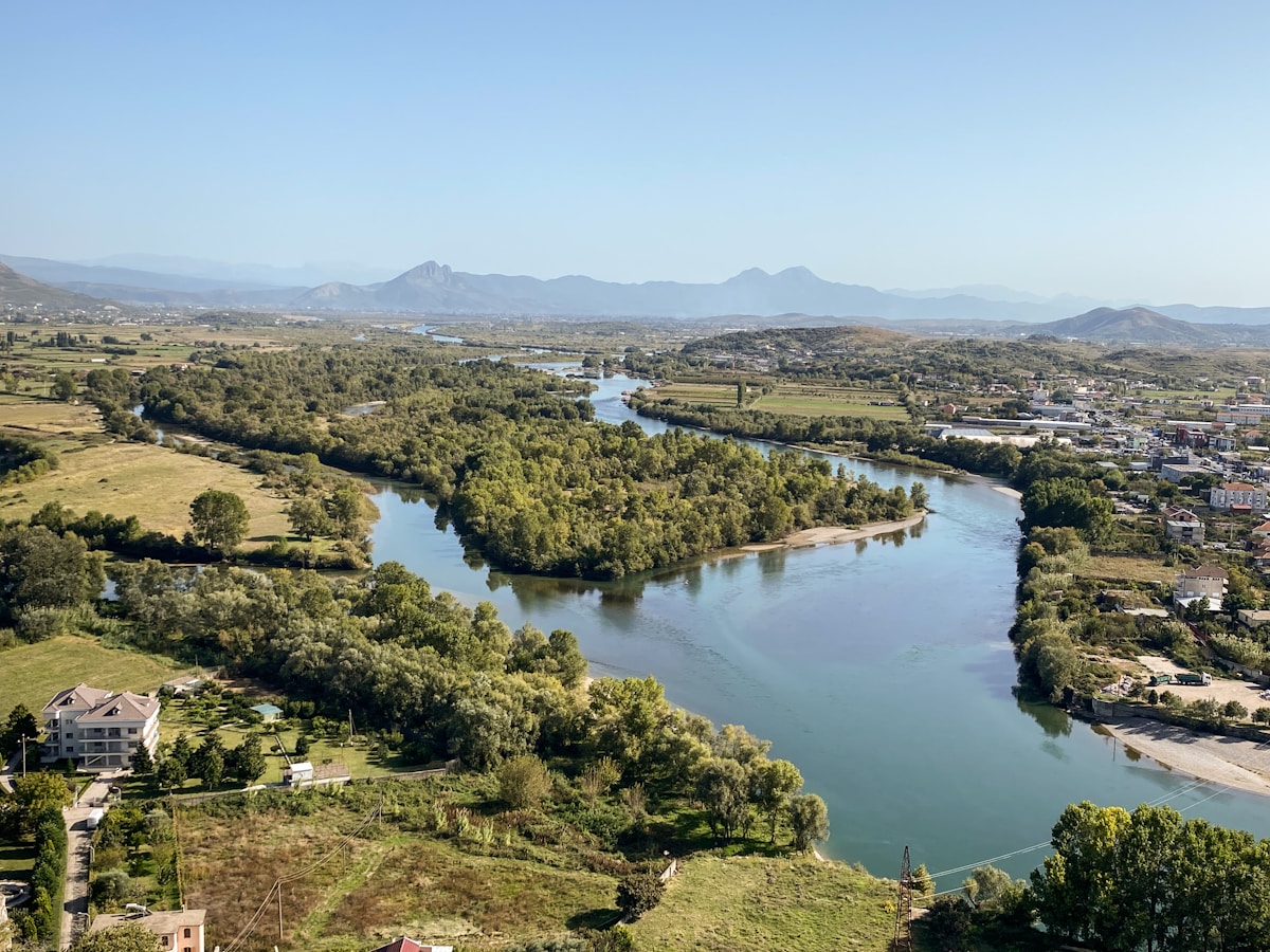 View of the Drin River from the ancient walls of Rozafa Castle, Shkoder, Albania