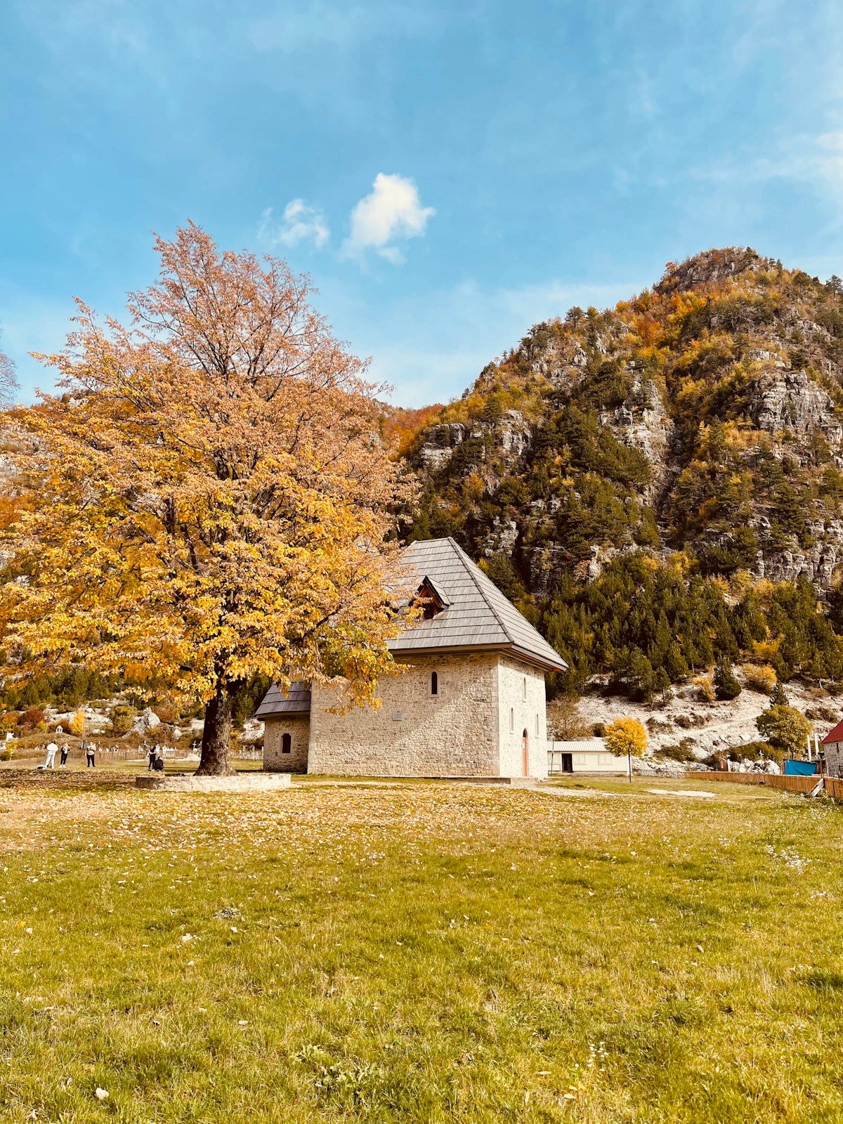 Lush green valley and traditional village of Theth in the Albanian Alps, northern Albania