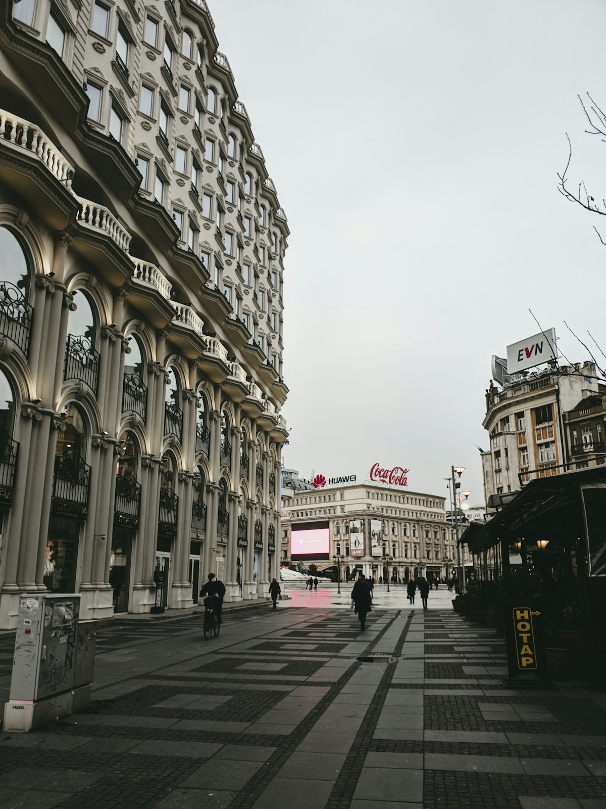 Pedestrian street in Skopje city centre with neoclassical architecture, North Macedonia