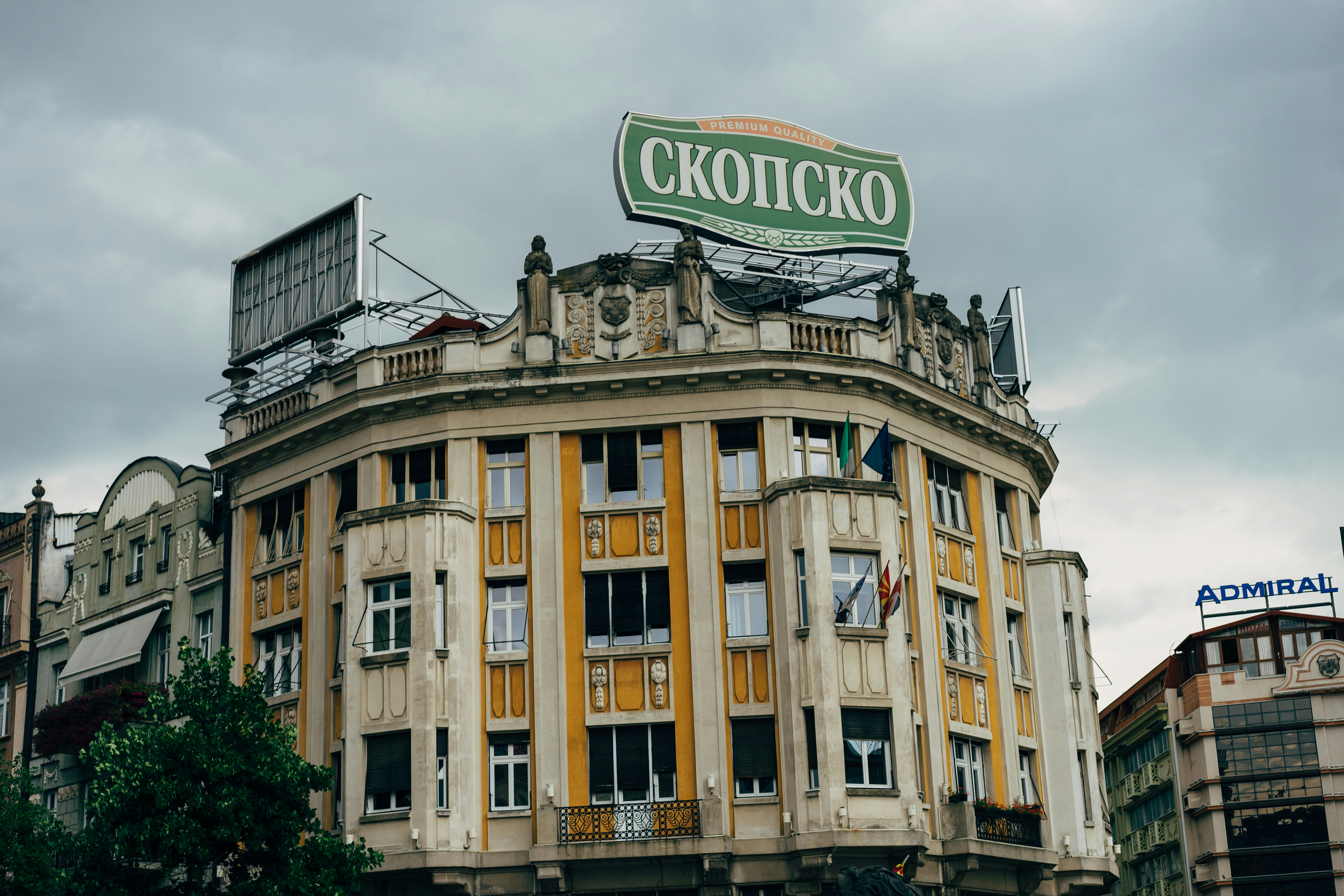 Building with Skopsko beer sign in Skopje's central square area, North Macedonia