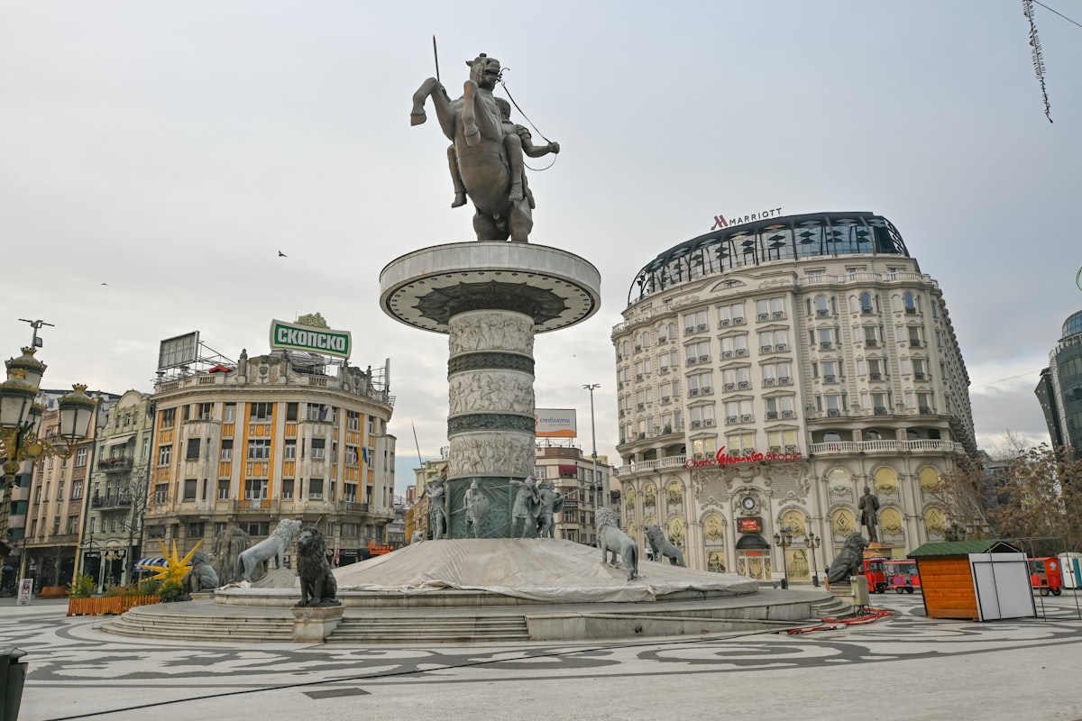 Warrior on a Horse statue at Macedonia Square, Skopje, North Macedonia