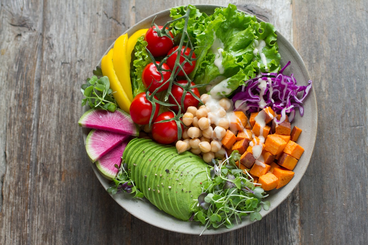 Bowl of colourful vegetable salads — vegan food in Sofia