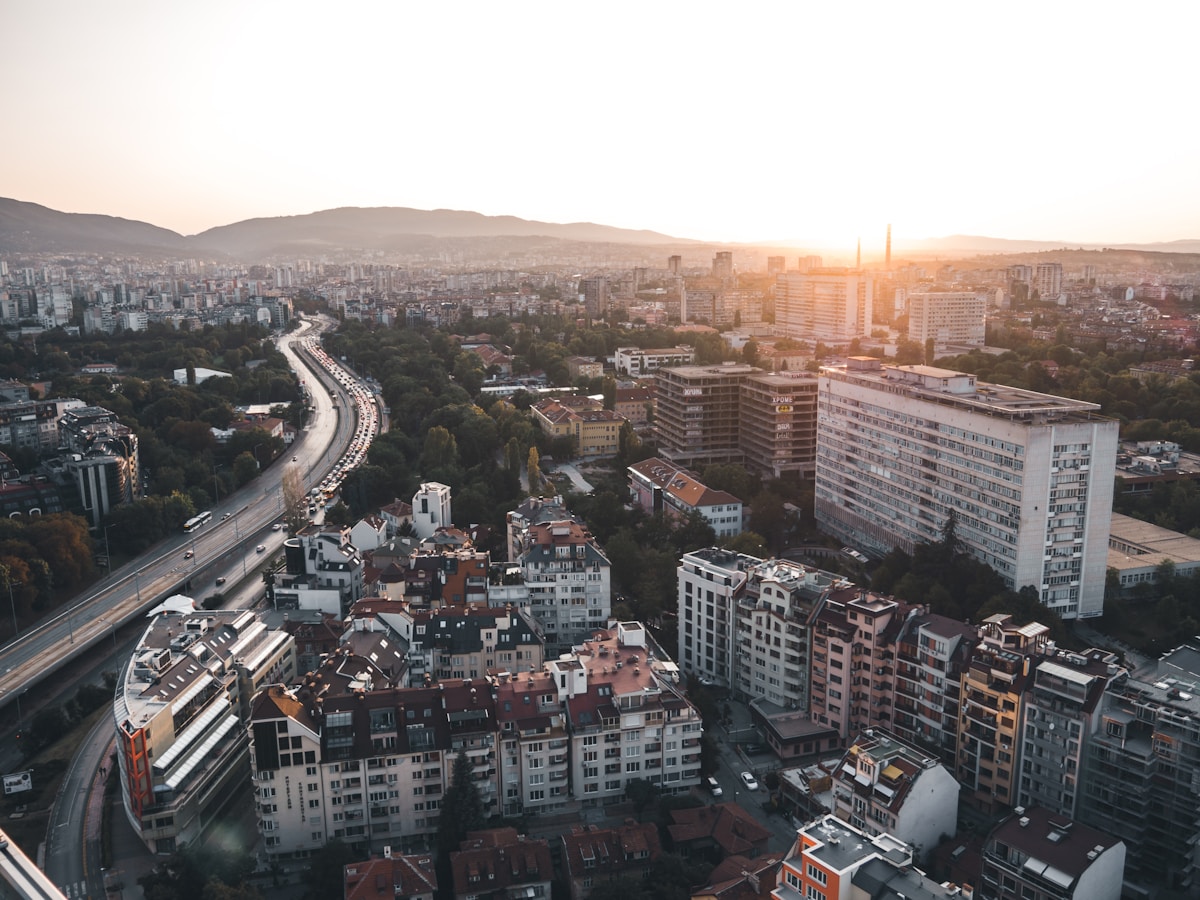 Birds-eye view of Sofia cityscape, Bulgaria