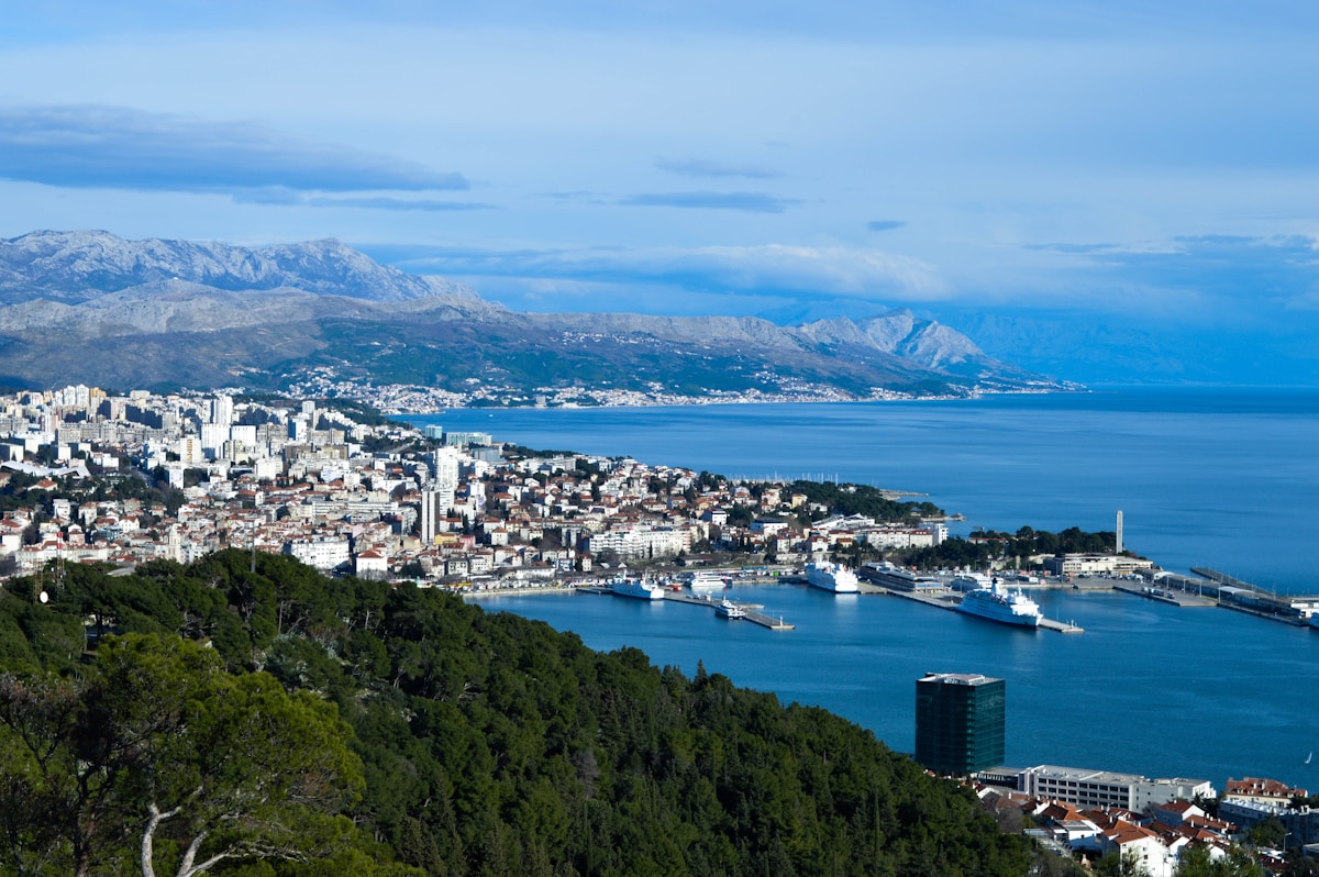 Aerial view of Split old town and the Adriatic coast, Croatia