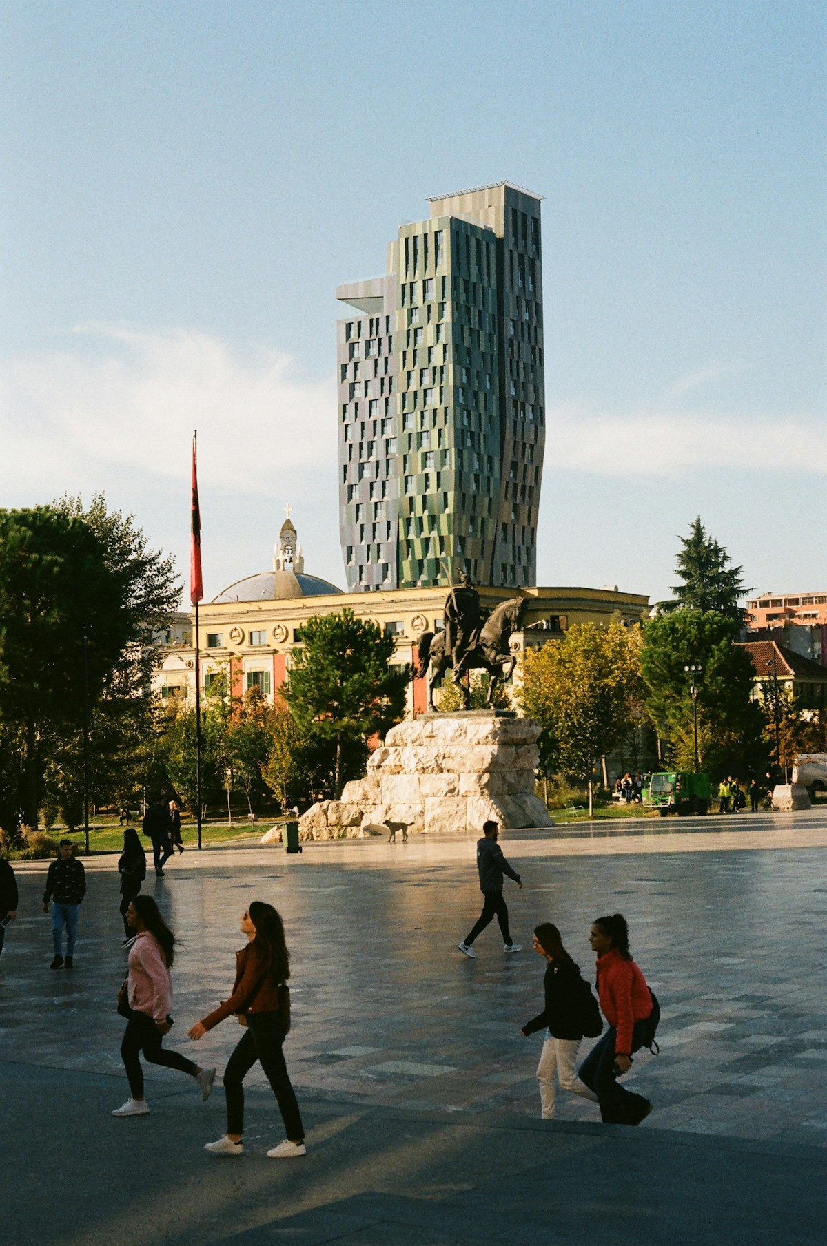 Skanderbeg Square with the equestrian statue and modern architecture behind, Tirana, Albania