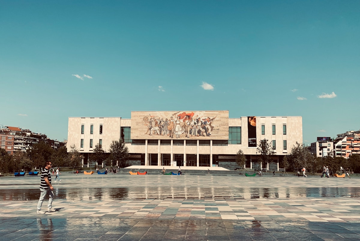 Modern building and street scene in central Tirana, Albania
