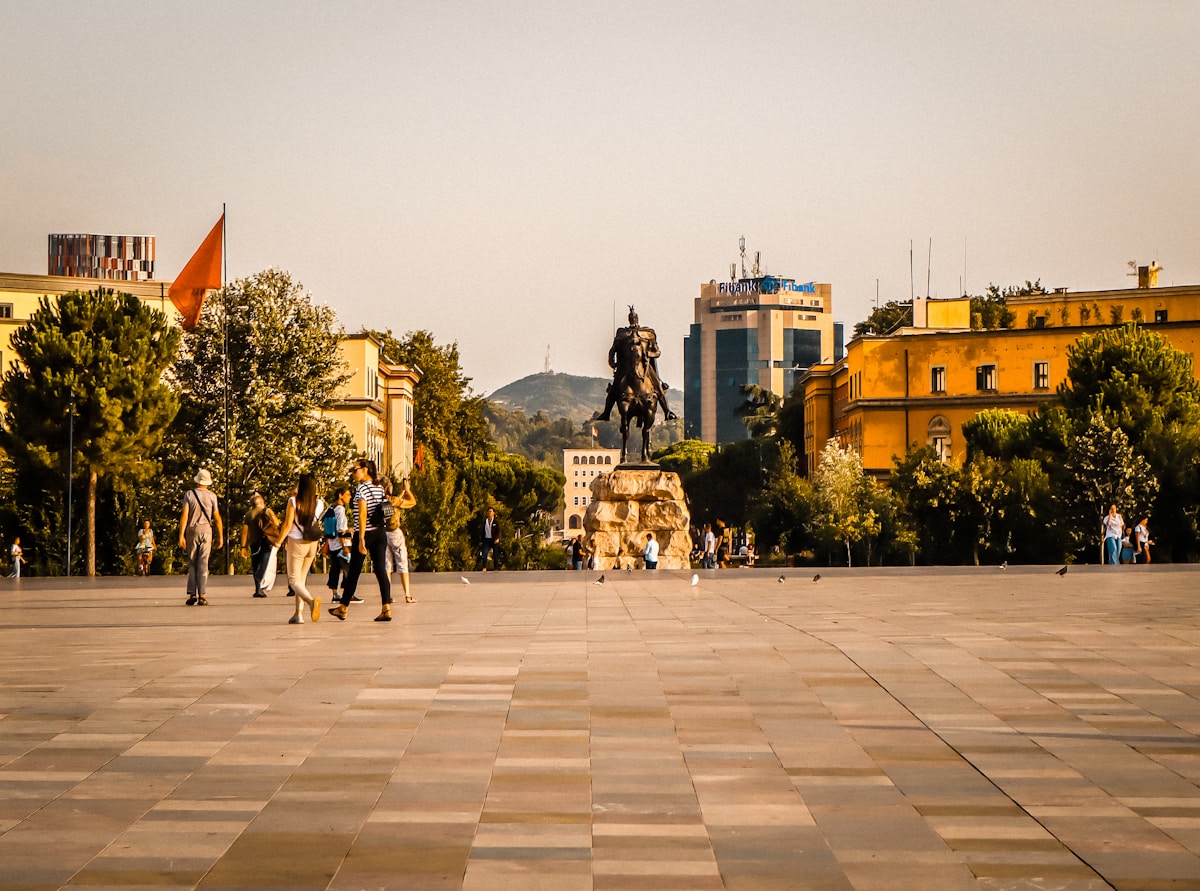 Skanderbeg Square in central Tirana with the equestrian statue and Propibank building, Albania
