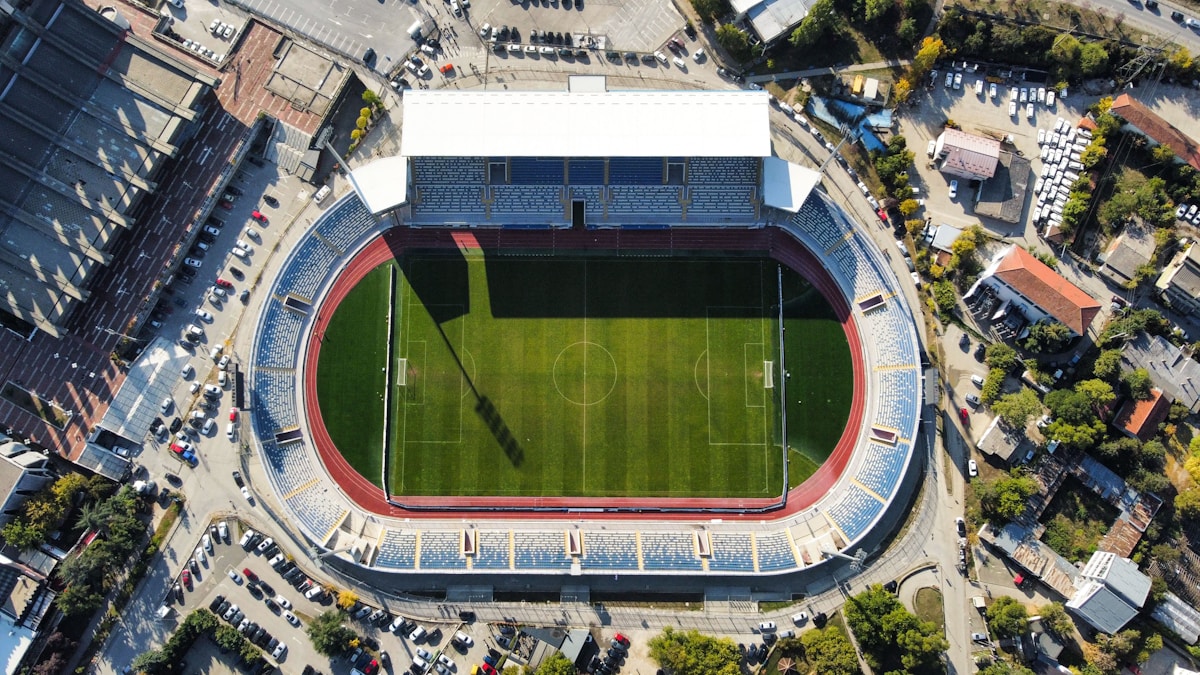 Aerial view of national stadium in Tirana or Pristina, Albania — Tirana vs Pristina