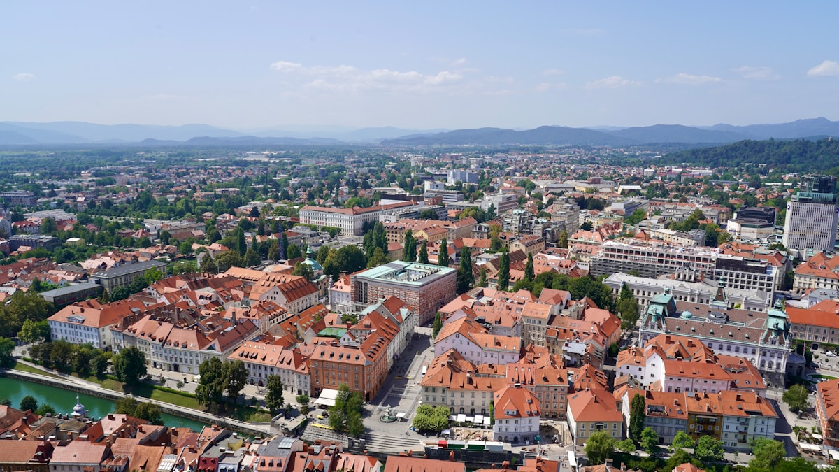 Aerial view of Ljubljana old town with red rooftops and the Ljubljanica river, Slovenia