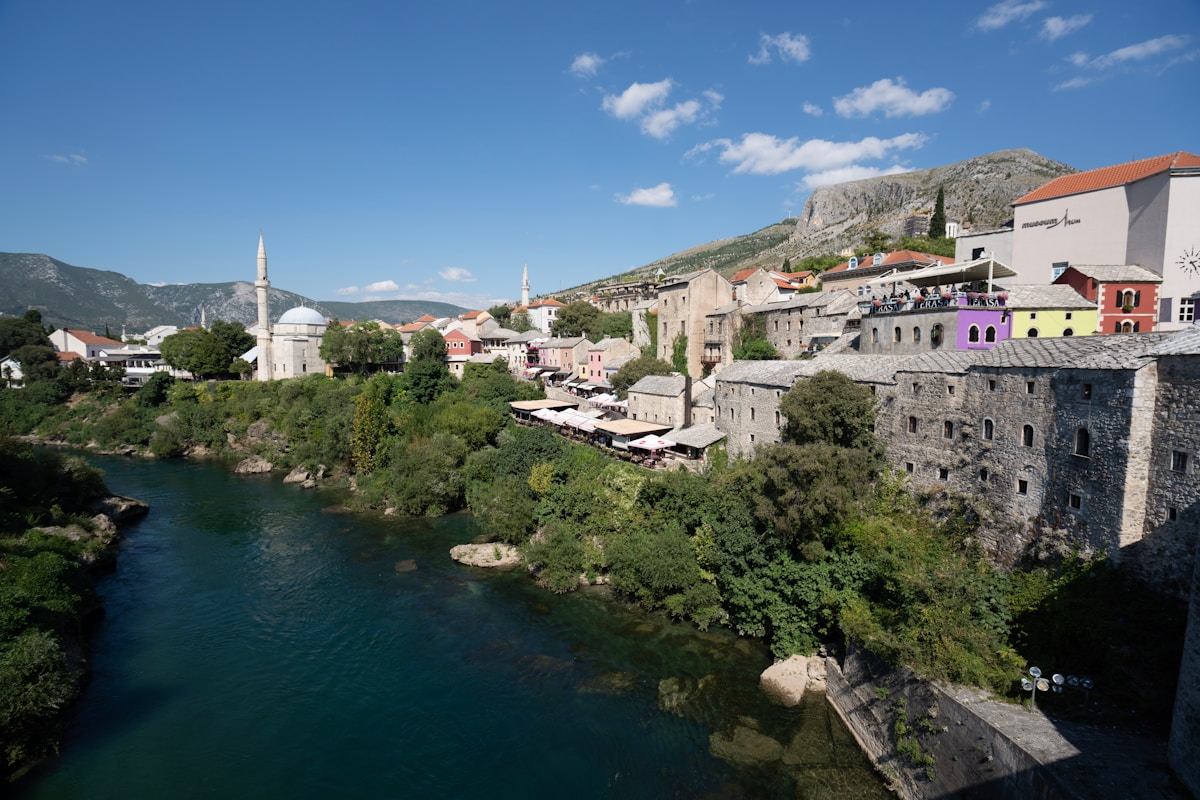 Neretva River flowing through Mostar with the Old Bridge visible, Bosnia and Herzegovina